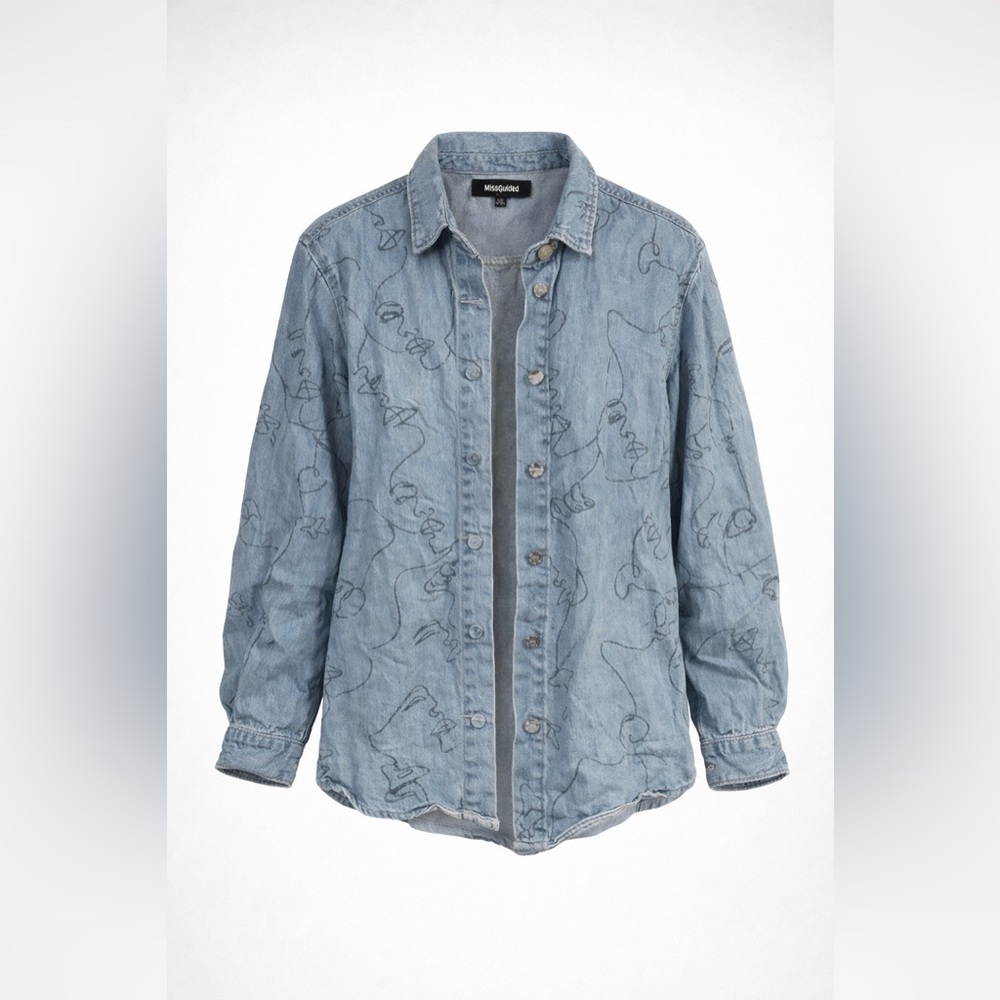 Missguided Blue Denim Shacket | Artistic Line Art Face Print | Size 4
